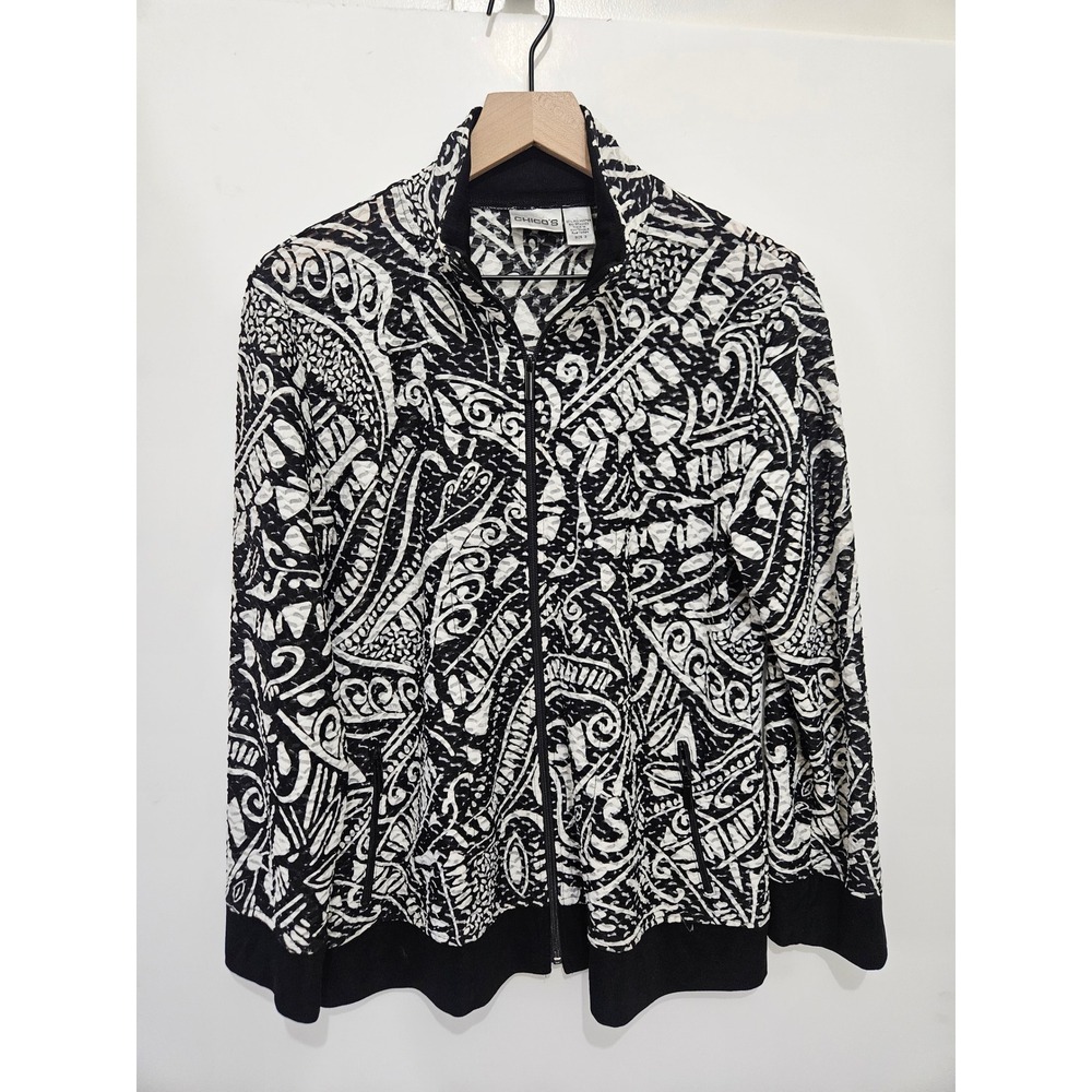 Chicos Zenergy Jacket Womens 2 Large Black White Paisley Textured Full Zip Mock‎
